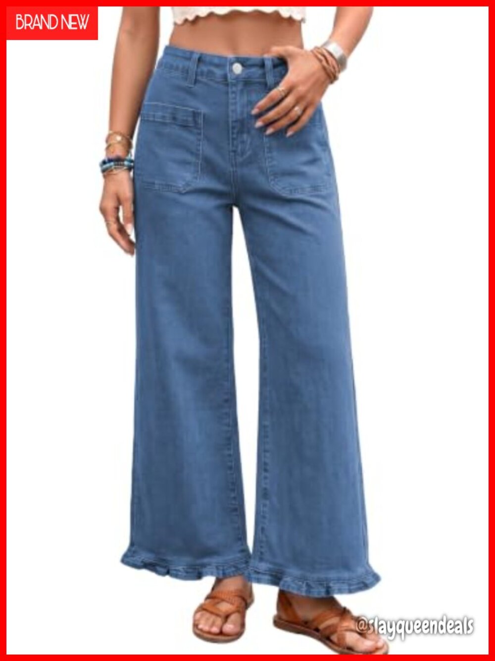 Wide Leg Ruffle Hem Baggy Jeans High Waisted Cropped Cotton Blend